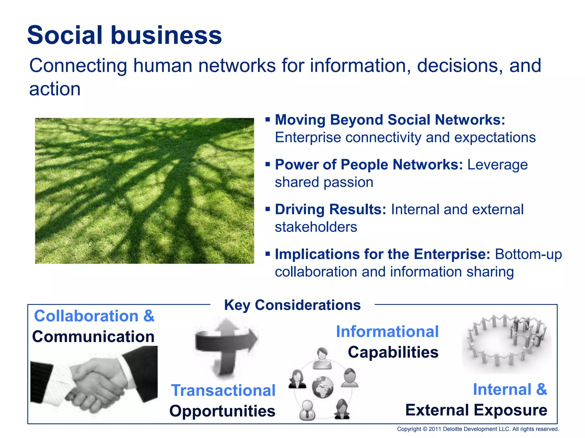Social business
Connecting human networks for information, decisions, and
action
                              Moving Beyond Social Networks:
                               Enterprise connectivity and expectations
                              Power of People Networks: Leverage
                               shared passion
                              Driving Results: Internal and external
                               stakeholders
                              Implications for the Enterprise: Bottom-up
                               collaboration and information sharing

                        Key Considerations
Collaboration &
Communication                           Informational
                                          Capabilities

                  Transactional                              Internal &
                  Opportunities                     External Exposure
                                                 Copyright © 2011 Deloitte Development LLC. All rights reserved.
 