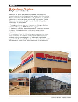 GE5LJKW //


%ULGJHVWRQH  )LUHVWRQH
0XOWLSOH /RFDWLRQV 1DWLRQZLGH

NLSQR^
KXN
=,67
RK`O
LOOX
O^KSXON
^Y
ZY`SNO
^RSN
ZK^c
MYX]^_M^SYX

YL]O`K^SYX
]O`SMO]
PY
XOa
,SNQO]^YXO
O^KSV
9ZOK^SYX
]S^O]
Y
OX]_O
^RK^

^RO
aYU
S]
ZOPYWON
^Y
^RO
]^KXNKN]
KXN
[_KVS^c
NO]MSLON
SX
^RO
MYX^KM^_KV

NYM_WOX^]
Y_
^OKW
aYU]
MVY]OVc
aS^R
^RO
9aXO
KXN
-YX^KM^Y
^Y
O`SOa

^RO
ZYQO]]
YP
MYX]^_M^SYX
K^
OQ_VK
SX^O`KV]
=S^O
`S]S^]
aSVV
SXMV_NO
^RO

YL]O`K^SYX
YP
^RO
PYVVYaSXQ
S^OW]$

•
 0YY^SXQ
ZOZKK^SYX
OSXPYMOWOX^
KXN
ZVKMOWOX^
?XNOQY_XN
_^SVS^SO]
•
 3X^OSY
aKVV
PKWSXQ
KXN
7/:
SXPK]^_M^_O
Y_QR
SX
•
 9`OROKN
7/:
KXN
0SO
:Y^OM^SYX
]c]^OW
Y_QR
SX
KXN
MOSVSXQ
ZVKMOWOX^
•
 :K`OWOX^
]_LQKNO
ZOZKK^SYX
KXN
ZY_SXQ
YP
K]ZRKV^MYXMO^O

   ZK`OWOX^
+^
^RO
MYXMV_]SYX
YP
OKMR
]S^O
`S]S^
^RO
^OKW
ZOZKO]
K
MYX]^_M^SYX
]^K^_]

OZY^
NYM_WOX^SXQ
]S^O
MYXNS^SYX]
KXN
ZRY^YQKZR]
YP
^RO
MYX]^_M^SYX

ZYQO]]
Y
`OSPc

MYWZVO^SYX
YP
^RO
ZYTOM^]
KXN
KZZY`SXQ
PSXKV

ZKcWOX^]
^Y
^RO
-YX^KM^Y
^RO
9L]O`K^SYX
^OKW
aSVV
MYYNSXK^O
KXN
K]]S]^
SX

^RO
MYVVOM^SYX
KXN
K]]OWLVc
YP
KVV
MVY]OY_^
SXPYWK^SYX
KXN
NYM_WOX^K^SYX




                                                                                   NLSQR^ ;_KVSPSMK^SYX] f OVK^ON /bZOSOXMO
 