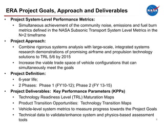 ERA Project Goals, Approach and Deliverables
•    Project System-Level Performance Metrics:
      • Simultaneous achievement of the community noise, emissions and fuel burn
         metrics defined in the NASA Subsonic Transport System Level Metrics in the
         N+2 timeframe
•    Project Approach:
      • Combine rigorous systems analysis with large-scale, integrated systems
         research demonstrations of promising airframe and propulsion technology
         solutions to TRL 5/6 by 2015
      • Increase the viable trade space of vehicle configurations that can
         simultaneously meet the goals
•    Project Definition:
      • 6-year life;
      • 2 Phases: Phase 1 (FY10-12); Phase 2 (FY 13-15)
•    Project Deliverables: Key Performance Parameters (KPPs)
      • Technology Readiness Level (TRL) Maturation Maps
      • Product Transition Opportunities: Technology Transition Maps
      • Vehicle-level system metrics to measure progress towards the Project Goals
      • Technical data to validate/enhance system and physics-based assessment
         tools                                                                    9
 