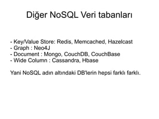 Diğer NoSQL Veri tabanları
- Key/Value Store: Redis, Memcached, Hazelcast
- Graph : Neo4J
- Document : Mongo, CouchDB, Cou...