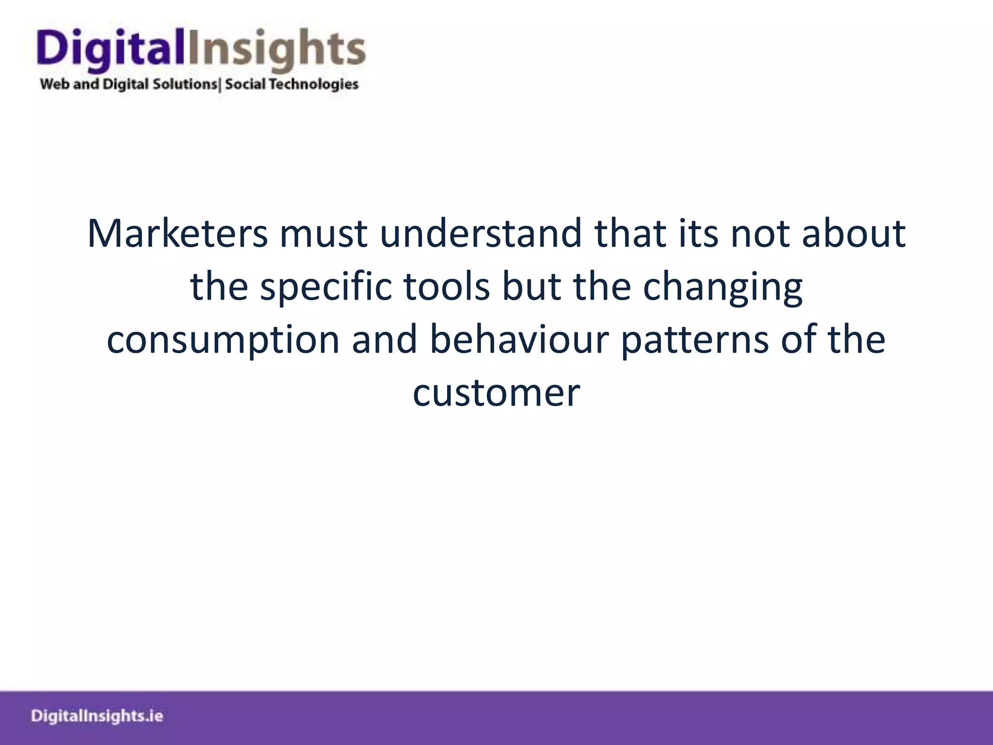 Optimise and promote content across digital channelsKey Online Marketing TacticsContent & Inbound Marketing Website, blog, social platforms, partnership sites etc…Social MarketingTwitter, LinkinedIn, Facebook, YouTubeSearch Engine MarketingPPC, Display and AffiliatesSearch Engine Optimisation (SEO)Structured & Planned Content, Optimismed Vocabulary, Links Email MarketingEmail Service Providers, Valuable ContentMeasurement and AnalyticsClear Objectives and Benchmarks