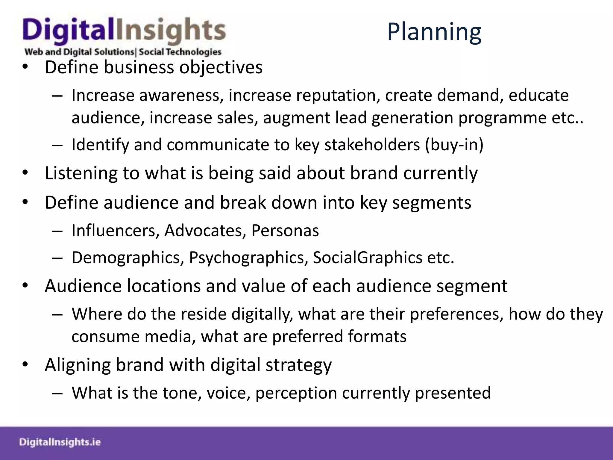 Leveraging Owned Media AssetsRecognise the value in your owned media assets 	Websites, mobile applications, digital conversations/interactions etc.Brands/Businesses are becoming publishers and media outletsNo limits to what an organisation can publish online for the consumption of their constituenciesBecome trusted knowledge experts in your business or sphere of operationsEstablish trust and develop relationships with customers and prospectsBe engaging, entertaining, educative, informative etc..Allow user participation and transparent engagement