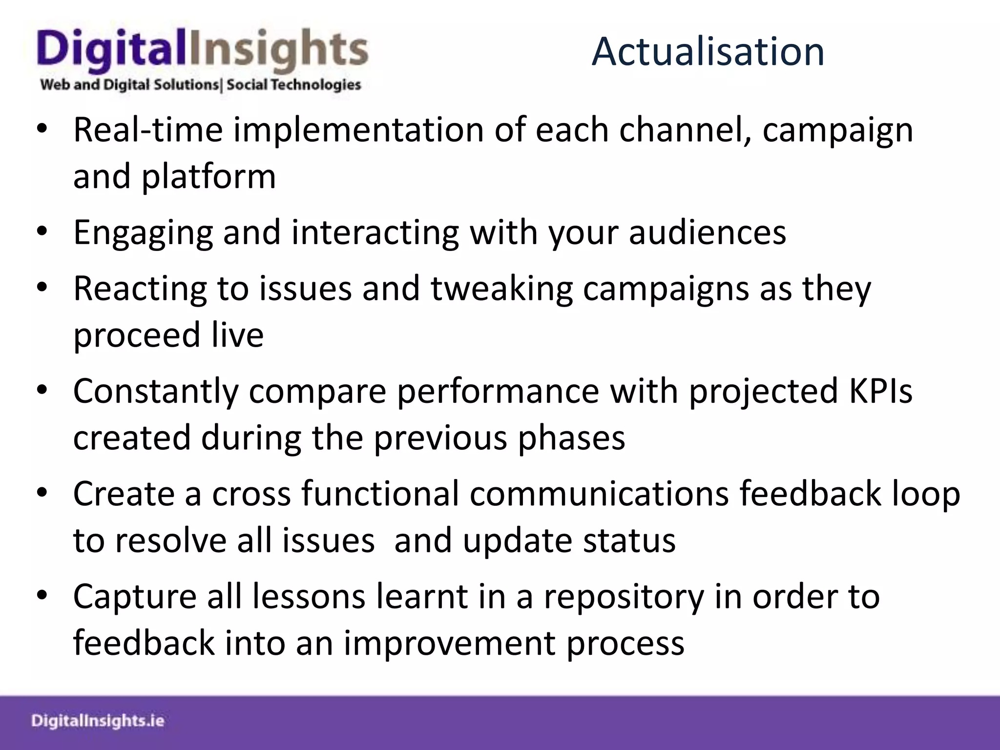 PlanningDefine business objectivesIncrease awareness, increase reputation, create demand, educate audience, increase sales, augment lead generation programme etc..Identify and communicate to key stakeholders (buy-in)Listening to what is being said about brand currentlyDefine audience and break down into key segmentsInfluencers, Advocates, Personas Demographics, Psychographics, SocialGraphics etc.Audience locations and value of each audience segmentWhere do the reside digitally, what are their preferences, how do they consume media, what are preferred formatsAligning brand with digital strategyWhat is the tone, voice, perception currently presented