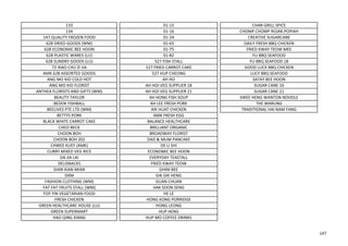 133 01-15 CHAR-GRILL SPICE
134 01-16 CHOMP CHOMP ROJAK.POPIAH
147 QUALITY FROZEN FOOD 01-24 CREATIVE SUGARCANE
628 DRIED GOODS (WM) 01-65 DAILY FRESH BBQ CHICKEN
628 ECONOMIC BEE HOON 01-75 FRIED KWAY TEOW MEE
628 PLASTIC WARES (LU) 01-82 FU BBQ SEAFOOD
628 SUNDRY GOODS (LU) 527 FISH STALL FU BBQ SEAFOOD 18
72 XIAO CHU ZI JIA 527 FRIED CARROT CAKE GOOD LUCK BBQ CHICKEN
AMK 628 ASSORTED GOODS 527 HUP CHEONG LUCY BBQ SEAFOOD
ANG MO KIO COLD HOT AH HO SATAY BEE HOON
ANG MO KIO FLORIST AH HOI VEG SUPPLIER 18 SUGAR CANE 16
ANTHEA FLORISTS AND GIFTS (WM) AH HOI VEG SUPPLIER 21 SUGAR CANE 21
BEAUTY TAYLOR AH HONG FISH SOUP SWEE HENG WANTON NOODLE
BEDOK FISHBALL AH LEE FRESH PORK THE WARUNG
BEELIVES PTE LTD (WM) AIK HUAT CHICKEN TRADITIONAL HAI NAM FANG
BETTYS PORK AMK FRESH EGG
BLACK WHITE CARROT CAKE BALANCE HEALTHCARE
CHEO BECK BRILLIANT ORGANIC
CHOON BOH BROADWAY FLORIST
CHOON BOH 202 DAD & MUM PANCAKE
CHWEE KUEY (AMK) DE LI SHI
CURRY MIXED VEG RICE ECONOMIC BEE HOON
DA JIA LAI EVERYDAY TEASTALL
DELISNACKS FRIED KWAY TEOW
DIAN XIAN MIAN GHIM BEE
DXM GIK GIK HENG
FASHION CLOTHING (WM) GUAN CHUAN
FAT FAT FRUITS STALL (WM) HAK SOON SENG
FOY YIN VEGETARIAN FOOD HE LE
FRESH CHICKEN HONG KONG PORRIDGE
GREEN HEALTHCARE HOUSE (LU) HONG LEONG
GREEN SUPERMART HUP HENG
HAO QING XIANG HUP MO COFFEE DRINKS
147
 