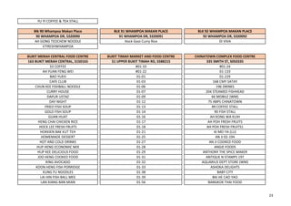 YU YI COFFEE & TEA STALL
Blk 90 Whampoa Makan Place BLK 91 WHAMPOA MAKAN PLACE BLK 92 WHAMPOA MAKAN PLACE
90 WHAMPOA DR, S320090 91 WHAMPOA DR, S320091 92 WHAMPOA DR, S320092
AH GONG TEOCHEW NOODLE Hock Gooi Curry Rice DI VIVA
V'FRESHWHAMPOA
BUKIT MERAH CENTRAL FOOD CENTRE BUKIT TIMAH MARKET AND FOOD CENTRE CHINATOWN COMPLEX FOOD CENTRE
163 BUKIT MERAH CENTRAL, S150163 51 UPPER BUKIT TIMAH RD, S588215 335 SMITH ST, S050335
33 COFFEE #01-10 #01-24
AH YUAN FENG WEI #01-22 01-133
BAO YUEH 01-01 01-229
CAFE CLUB 01-03 168 CMY SATAY
CHUN KEE FISHBALL NOODLE 01-06 196 DRINKS
CURRY HOUSE 01-07 204 STEAMED FISHHEAD
DAPUR USTAZ 01-09 66 MOBILE (WM)
DAY NIGHT 01-12 75 ABPS CHINATOWN
FRIED FISH SOUP 01-13 89 COFFEE STALL
GOLD FISH SOUP 01-14 90 FISH STALL
GUAN HUAT 01-16 AH KONG WA KUIH
HENG CHAI CHICKEN RICE 01-17 AH POH FRESH FRUITS
HOCK LEE FRESH FRUITS 01-18 AH POH FRESH FRUITS1
HOKKIEN BAK KUT TEH 01-21 AI MEI YA (LU)
HOMEMADE DESSERT 01-25 AN JI 02-194
HOT AND COLD DRINKS 01-27 AN JI COOKED FOOD
HUP HENG ECONOMIC MIX 01-28 ANGIE FOODS
HUP KEE DELICIOUS FOOD 01-29 ANTHONY THE SPICE MAKER
JOO HENG COOKED FOOD 01-31 ANTIQUE N STAMPS 197
KING AVOCADO 01-32 AQUARIUS DEPT STORE (WM)
KOON HENG FISH PORRIDGE 01-33 ASHOKA DELIGHTS
KUNG FU NOODLES 01-38 BABY CITY
LAI HIN FISH BALL MEE 01-39 BAI HE CAO YAO
LAN XIANG BAN MIAN 01-56 BANGKOK THAI FOOD
23
 