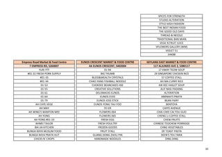 SPICES FOR STRENGTH
STUDIO ALTERATION
STYLE HIGH FASHION
THE BEST INDIAN FOOD
THE GOOD OLD DAYS
THREAD & NEEDLE
TRADITIONAL BAN MIAN
VEGE N FRUIT JUICE
VFLOWERS GALLERY (WM)
VIOLET 51
JIAK88
Empress Road Market & Food Centre EUNOS CRESCENT MARKET & FOOD CENTRE GEYLANG EAST MARKET & FOOD CENTRE
7 EMPRESS RD, S260007 4A EUNOS CRESCENT, S402004 117 ALJUNIED AVE 2, S380117
YURI YTF 01-94 17 KWAY TEOW SOUP
#01-32 FRESH PORK SUPPLY BIG THUMB 29 SINGAPORE CHICKEN RICE
#01-33 BLESS&WEALTH CRYSTALS 57 COFFEE STALL
#01-34 CHAO YANG FISHBALL NOODLE AH MA CURRY RICE
01-53 CHOKDEE BEANCAKES HSE AIK KEE HASLET SOUP
01-55 CREATIVE SOLUTIONS ALIF NASI PADANG
01-61 DELISNACKS EUNOS ALTERATION
01-64 EUNOS 0193 AMINAH'S PRATA
01-79 EUNOS JOSS STICK BEAN FAIRY
AH CHYE VEGE EUNOS YONG TAU FOO BENTOYA
AH MAY FEI ER CAFFE AVENUE
AH WING'S WANTON MEE FLOWERS 064 CHAI CHEE CAI TOU GUO
AH YONG FLOWERS 065 CHENG LI COFFEE STALL
AH YONG #01-10 FRESH EGG CHEW FRUITS
AHMEI TAILOR FRESH POULTRY CHINESE TEOCHEW PORRIDGE
BAI JIA KITCHEN FROZEN GOODS CHNG VEGETABLES
BUNGA RAYA MUSLIM FOOD FRUIT STALL DE TOAST PASTA
BUNGA RAYA PRATA HUT GUANG DONG ZHOU PIN DEEN'S TEH TARIK
CHICKS N' CHOPS HANDMADE NOODLES DING DING
33
 