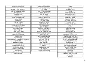 NAWAL HASANAH (WM) PIECE AND SUNDRY 105 D & Z
O & R PIECE AND SUNDRY 1103 DEEN 17
PAK ABU & SONS BEEF STALL SAM FISHERY DEEN TIGA RASA
PAK DIN NASI AYAM BAKAR SHEN JI JI FAN . PORRIDGE DIVINE
PUSTAKA MUAZ SHENG JI SHAO LA DOZO HOUSE 01-79
RAHMAH (WM) SHIN LEE TAILOR E.H.CHONG PTE.LTD.
ROOTS (WM) SHUI JIN ZHOU ENGRAVING SERVICES
SAJIAN MAK DARA (WM) SIANG CO FRESH FOOD EVERGREEN DRINKS
SAJIAN TRADISI SIN HUI TRADING EXCELLENT PRODUCT
SANG NILA SOMETHING FISHY EXCELLENT PRODUCTS
SANIA RAFFI (WM) SOMETHING FISHY 62 FAHEEM PLAZA
SATAY SEJATI TAT SENG CAFÉ FAT AH MA MINI POT
SHADIAH BINTE ABU (WM) TECK HIN DELICACIES FEI J
SHALIZA KITCHEN TECK LEE COFFEE FEI ZHU
SITI FLOWER POWER THE HAKKA YONG TAU FU FOCUS OUTDOOR
SITI NOOR (WM) THE HEADLESS BAKER FRESH FISH SOUP
SUNDRY GOODS (WM) THYE HONG FISHBALL NOODLE FRIED KWAY TEOW
TAKDENAMA TOM'S CITY ZOOM MEE POK FUDO
TIEN SANG HENG FISHERY TONG FONG FATT GM SPECIAL YONG TAU FOO
TUDONG (WM) V.O. MOHAMED KASSIM GOLDEN MILE CURRY RICE
UMAIRAH BLISS VEGETABLE 01-187 GOLDEN MILE FISH PORRIDGE
UMMI FARRAH ZACK SYABAS PTE LTD (WM) VEGETABLE STALL 169 GOLDEN MILE FISHBALL B147
VEGETABLE VEGETABLE STALL 172 HAINANESE CHICKEN RICE
WARONG KELUARGA VIET THAI FOOD HAJI KADIR #B1-13
WARONG SOLO WESTERN DELIGHTS HAJI KADIR #B1-14
WARONG WAK ARSHAD XIANG JI HOE SENG TECK KEE(WM)
WARUNG YES BOSS XIN MA SUGAR CANE HOKKIEN PRAWN MEE
WONG LAI HONG (WM) YU ZAI HENG INDON CHENDOL
YALI FASHION YURIQA MUSLIM FOOD JAHLICIOUS
ZNN TIJAROH (WM) JENNY (WM)
ZUBAIDAH (WM) JIA XIANG CHAO GUO TEOW
JIN HAI TAN
JUICE ART
38
 