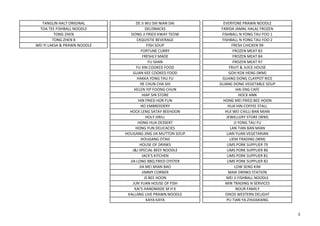 TANGLIN HALT ORIGINAL DE JI WU SHI NIAN DAI EVERYONE PRAWN NOODLE
TOA TEE FISHBALL NOODLE DELISNACKS FARIDA JAMAL HALAL FROZEN
TONG ZHEN DONG JI FRIED KWAY TEOW FISHBALL N YONG TAU FOO 1
TONG ZHEN 8 EXQUISTIE BEVERAGE FISHBALL N YONG TAU FOO 2
WEI YI LAKSA & PRAWN NOODLE FISH SOUP FRESH CHICKEN 99
FORTUNE CURRY FROZEN MEAT 83
FRESHLY MADE FROZEN MEAT 84
FU SHAN FROZEN MEAT 97
FU XIN COOKED FOOD FRUIT & JUICE HOUSE
GUAN KEE COOKED FOOD GOH KOK HENG (WM)
HAKKA YONG TAU FU GUANG DONG CLAYPOT RICE
HE CHUN CHA SHI GUANG DONG VEGETABLE SOUP
HELEN YIP FOONG CHUN HAI ENG CAFE
HIAP SIN STORE HOCK ANN
HIN FRIED HOR FUN HONG MEI FRIED BEE HOON
HO EMBROIDERY HUA HIN COFFEE STALL
HOCK LENG SATAY BEEHOON HUI WEI CHILLI BAN MIAN
HOLY GRILL JEWELLERY STORE (WM)
HONG HUA DESSERT JJ YONG TAU FU
HONG YUN DELICACIES LAN TIAN BAN MIAN
HOUGANG JING JIA MUTTON SOUP LIAN YUAN VEGETARIAN
HOUGANG OTAH LIEM TRADING (WM)
HOUSE OF DRINKS LIMS PORK SUPPLIER 79
J&J SPECIAL BEEF NOODLE LIMS PORK SUPPLIER 80
JACK'S KITCHEN LIMS PORK SUPPLIER 81
JIA LONG BBQ FRIED OYSTER LIMS PORK SUPPLIER 82
JIA MEI MIAN BAO LOW SENG KIM
JIMMY CORNER MAXI DRINKS STATION
JS BEE HOON MEI JI FISHBALL NOODLE
JUN YUAN HOUSE OF FISH MIN TRADING N SERVICES
KAI'S HANDMADE M H K NOUR FAMILY
KALLANG LIVE PRAWN NOODLE OIKOS WESTERN DELIGHT
KAYA KAYA PU TIAN YA ZHIJIAXIANG
5
 