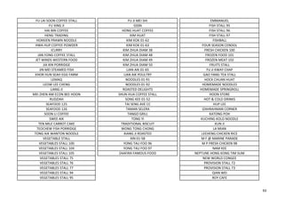 FU LAI SOON COFFEE STALL FU JI MEI SHI EMMANUEL
FU XING JI GSSN FISH STALL 95
HAI BIN COFFEE HONG HUAT COFFEE FISH STALL 96
HENG TRADING KIM HUAT FISH STALL 97
HOKKIEN PRAWN NOODLE KIM KOK 01-62 FISHBALL
HWA HUP COFFEE POWDER KIM KOK 01-63 FOUR SEASON CENDOL
ICURRY KIM ZHUA DIAM 38 FRESH CHICKEN 100
JAN FONG COFFEE STALL KIM ZHUA DIAM 48 FROZEN FOOD 101
JET WINDS WESTERN FOOD KIM ZHUA DIAM 49 FROZEN MEAT 102
JIA XIN PORRIDGE KIM ZHUA DIAM 50 FRUITS STALL
JIN MEI STEAMED FISH LIAN AIK 01-65 FU JI KWAY CHAP
KHOR HUN SEAH EGG FARM LIAN AIK POULTRY GAO YANG TEA STALL
LEMAQ NOODLES 01-91 HOCK CHUAN HUAT
LEOW LEE CHENG NOODLES 01-92 HOMEMADE NOODLES
LIANG JI ROASTED DELIGHTS HOMEMADE SPRINGROLL
MEI ZHEN AM ECON BEE HOON SHUN HUA COFFEE STALL HOON STORE
RUDZIAH SONG KEE 01-52 HOT & COLD DRINKS
SEAFOOD 125 TAI SENG AVE CC HUP LEE
SEAFOOD 126 TAMAN SELERA IZAHRAHMAN CORNER
SOON LI COFFEE TANGO GRILL KATONG POH
SWEE AIK TONG YI KUCHING KOLO NOODLE
TEN MILE CARROT CAKE TRADITIONAL BISCUIT KUN JI
TEOCHEW FISH PORRIDGE WONG TONG CHONG LA MIAN
TONG AIK WANTON NOODLE XIANG JI ROASTED LEEHENG CHICKEN RICE
VEGETABLE STALL XIN 01-58 M F @ MARINE PARADE
VEGETABLES STALL 100 YONG TAU FOO 96 M P FRESH CHICKEN 98
VEGETABLES STALL 104 YONG TAU FOO 97 NAM KEE
VEGETABLES STALL 105 ZAAFIRA FAMOUS FOOD NEPTUNE HONG KONG TIM SUM
VEGETABLES STALL 75 NEW WORLD CONGEE
VEGETABLES STALL 76 PROVISION STALL 72
VEGETABLES STALL 77 PROVISION STALL 73
VEGETABLES STALL 94 QIAN WEI
VEGETABLES STALL 95 ROY CAFE
93
 