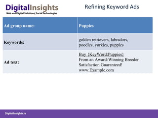 Refining Keyword Ads Ad group name: Puppies Keywords: golden retrievers, labradors, poodles, yorkies, puppies Ad text: Buy {KeyWord:Puppies} From an Award-Winning Breeder Satisfaction Guaranteed! www.Example.com 