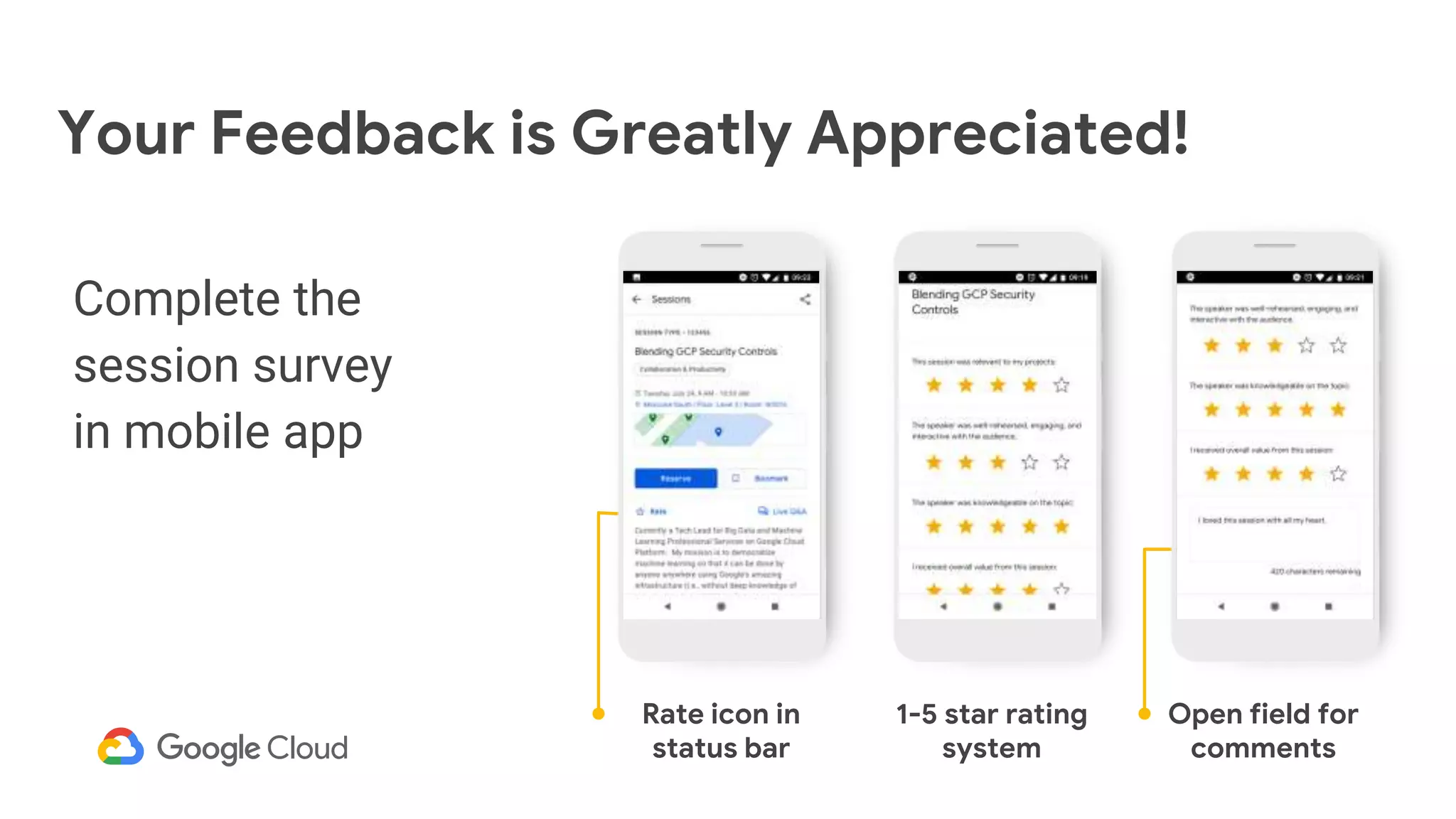 Your Feedback is Greatly Appreciated!
Complete the
session survey
in mobile app
1-5 star rating
system
Open field for
comments
Rate icon in
status bar
 