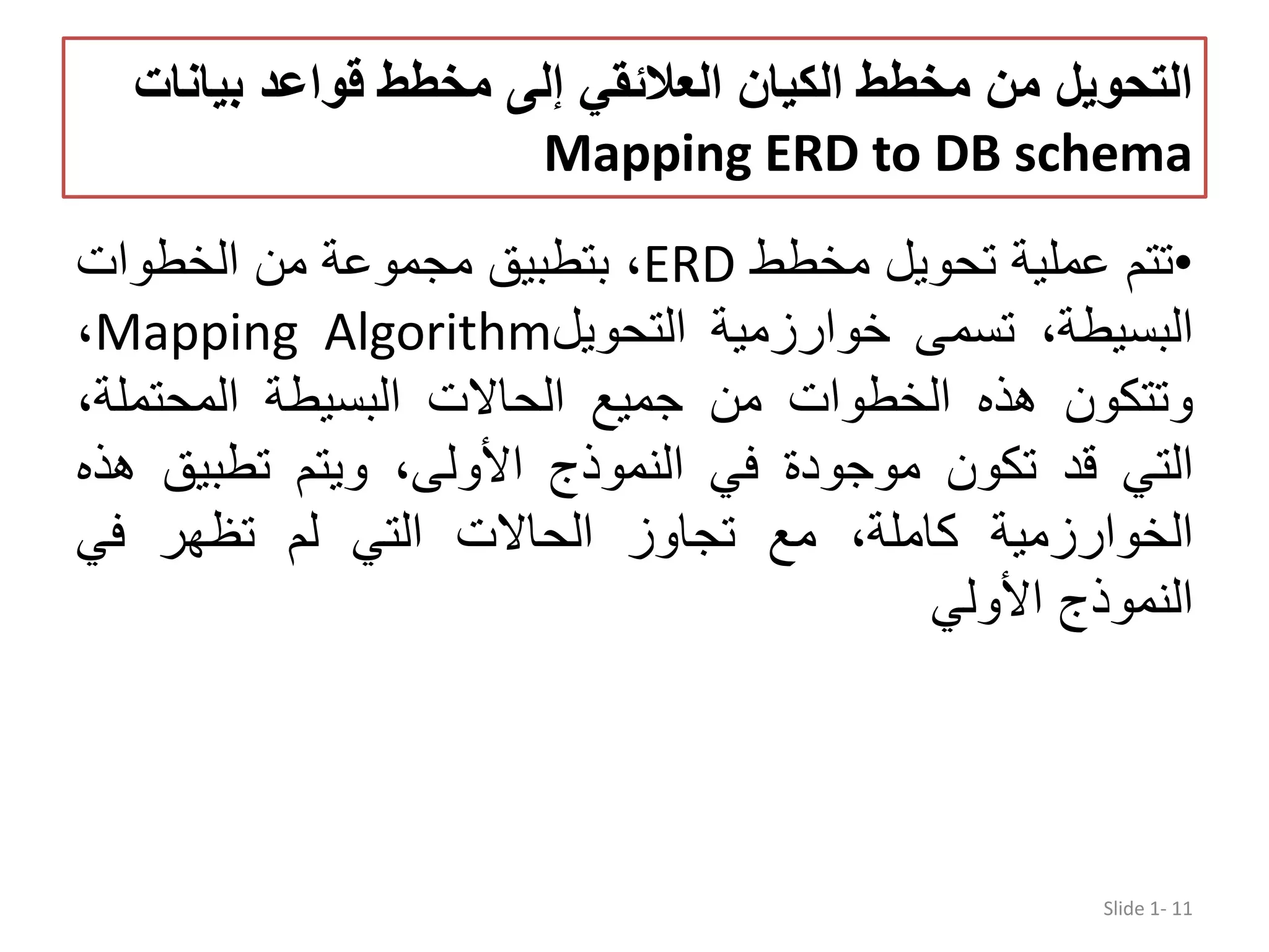‫بيان‬ ‫قواعد‬ ‫مخطط‬ ‫إلى‬ ‫العالئقي‬ ‫الكيان‬ ‫مخطط‬ ‫من‬ ‫التحويل‬‫ات‬ Mapping ERD to DB schema •‫تتم‬‫عملية‬‫تحويل‬‫مخطط‬ERD،‫بتطبيق‬‫مجموعة‬‫من‬‫الخطوات‬ ،‫البسيطة‬‫تسمى‬‫خوارزمية‬‫التحويل‬Mapping Algorithm، ‫وتتكون‬‫ھذه‬‫الخطوات‬‫من‬‫جميع‬‫الحاالت‬‫البسيطة‬‫المحتمل‬،‫ة‬ ‫التي‬‫قد‬‫تكون‬‫موجودة‬‫في‬‫النموذج‬،‫األولى‬‫ويتم‬‫تطبيق‬‫ھذه‬ ‫الخوارزمية‬،‫كاملة‬‫مع‬‫تجاوز‬‫الحاالت‬‫التي‬‫لم‬‫تظھر‬‫في‬ ‫النموذج‬‫األولي‬ Slide 1- 11 