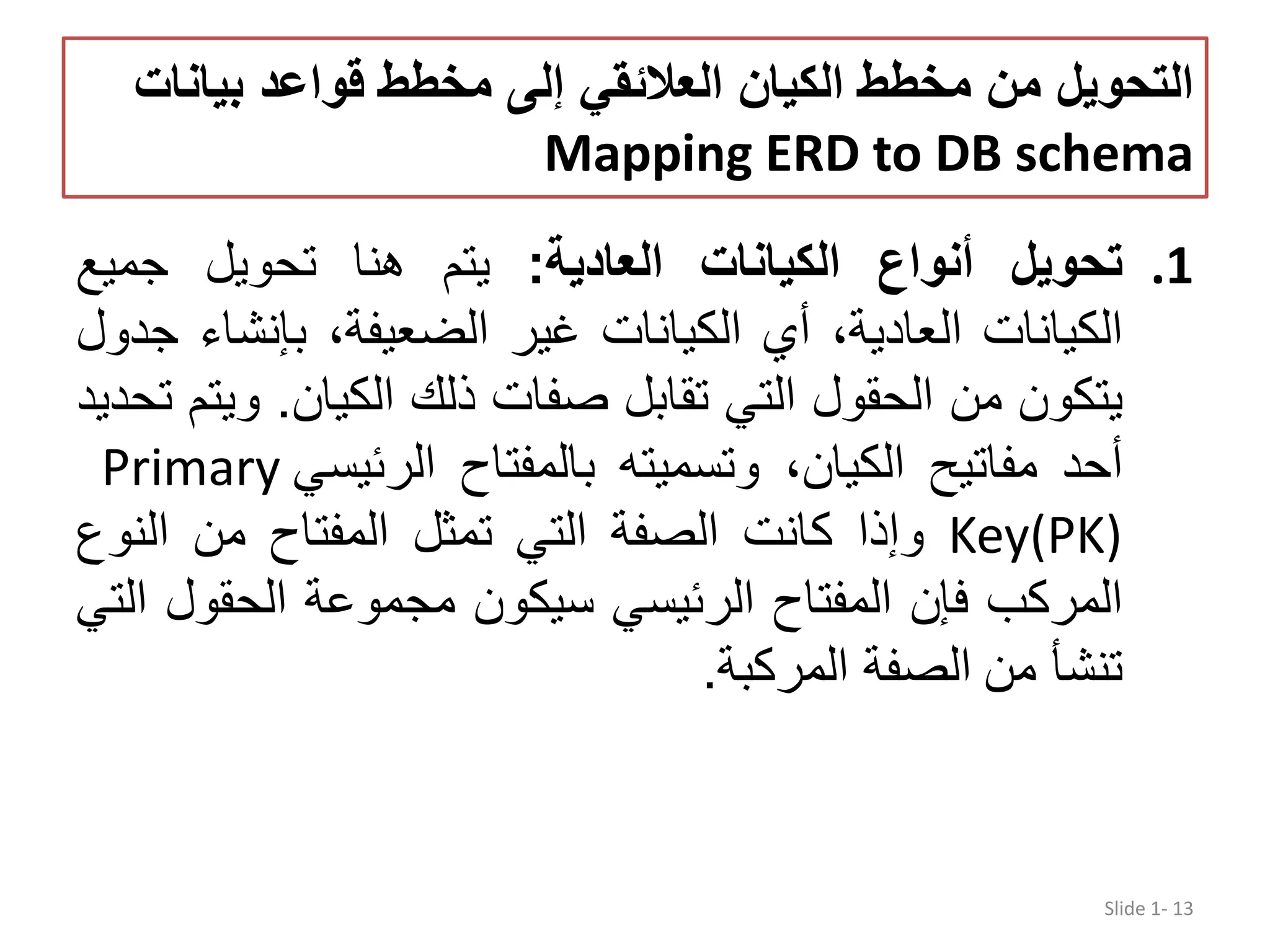‫بيان‬ ‫قواعد‬ ‫مخطط‬ ‫إلى‬ ‫العالئقي‬ ‫الكيان‬ ‫مخطط‬ ‫من‬ ‫التحويل‬‫ات‬ Mapping ERD to DB schema .1‫تحويل‬‫أنواع‬‫الكيانات‬‫العادية‬:‫يتم‬‫ھنا‬‫تحويل‬‫جميع‬ ‫الكيانات‬،‫العادية‬‫أي‬‫الكيانات‬‫غير‬،‫الضعيفة‬‫بإنش‬‫اء‬‫جدول‬ ‫يتكون‬‫من‬‫الحقول‬‫التي‬‫تقابل‬‫صفات‬‫ذلك‬‫الكيان‬.‫ويتم‬‫تحديد‬ ‫أحد‬‫مفاتيح‬،‫الكيان‬‫وتسميت‬‫ه‬‫بالمفتاح‬‫الرئيسي‬Primary Key(PK)‫وإذا‬‫كانت‬‫الصفة‬‫التي‬‫تمثل‬‫المفتاح‬‫من‬‫النوع‬ ‫المركب‬‫فإن‬‫المفتاح‬‫الرئيسي‬‫سيكون‬‫مجموعة‬‫الحقول‬‫التي‬ ‫تنشأ‬‫من‬‫الصفة‬‫المركبة‬. Slide 1- 13 