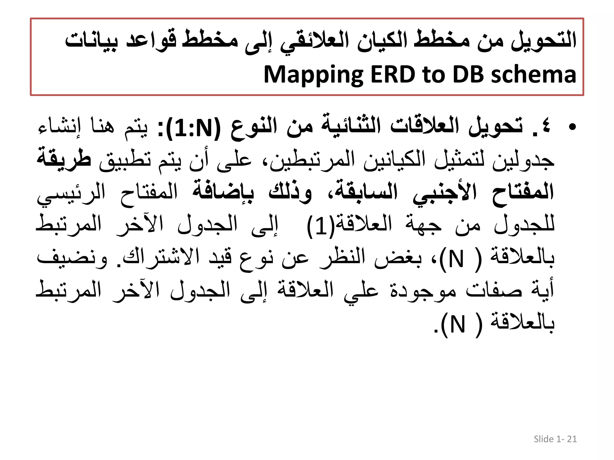 ‫بيان‬ ‫قواعد‬ ‫مخطط‬ ‫إلى‬ ‫العالئقي‬ ‫الكيان‬ ‫مخطط‬ ‫من‬ ‫التحويل‬‫ات‬ Mapping ERD to DB schema •٤.‫تحويل‬‫العالقات‬‫الثنائية‬‫من‬‫النوع‬(1:N):‫يتم‬‫ھنا‬‫إنشاء‬ ‫جدولين‬‫لتمثيل‬‫الكيانين‬،‫المرتبطين‬‫على‬‫أن‬‫يتم‬‫ت‬‫طبيق‬‫طريقة‬ ‫المفتاح‬‫األجنبي‬،‫السابقة‬‫وذلك‬‫بإضافة‬‫المفتاح‬‫الر‬‫ئيسي‬ ‫للجدول‬‫من‬‫جھة‬‫العالقة‬(1)‫إلى‬‫الجدول‬‫اآلخر‬‫المرتبط‬ ‫بالعالقة‬(N)،‫بغض‬‫النظر‬‫عن‬‫نوع‬‫قيد‬‫االشتراك‬.‫و‬‫نضي‬‫ف‬ ‫أية‬‫صفات‬‫موجودة‬‫علي‬‫العالقة‬‫إلى‬‫الجدول‬‫اآلخر‬‫المرتب‬‫ط‬ ‫بالعالقة‬(N). Slide 1- 21 