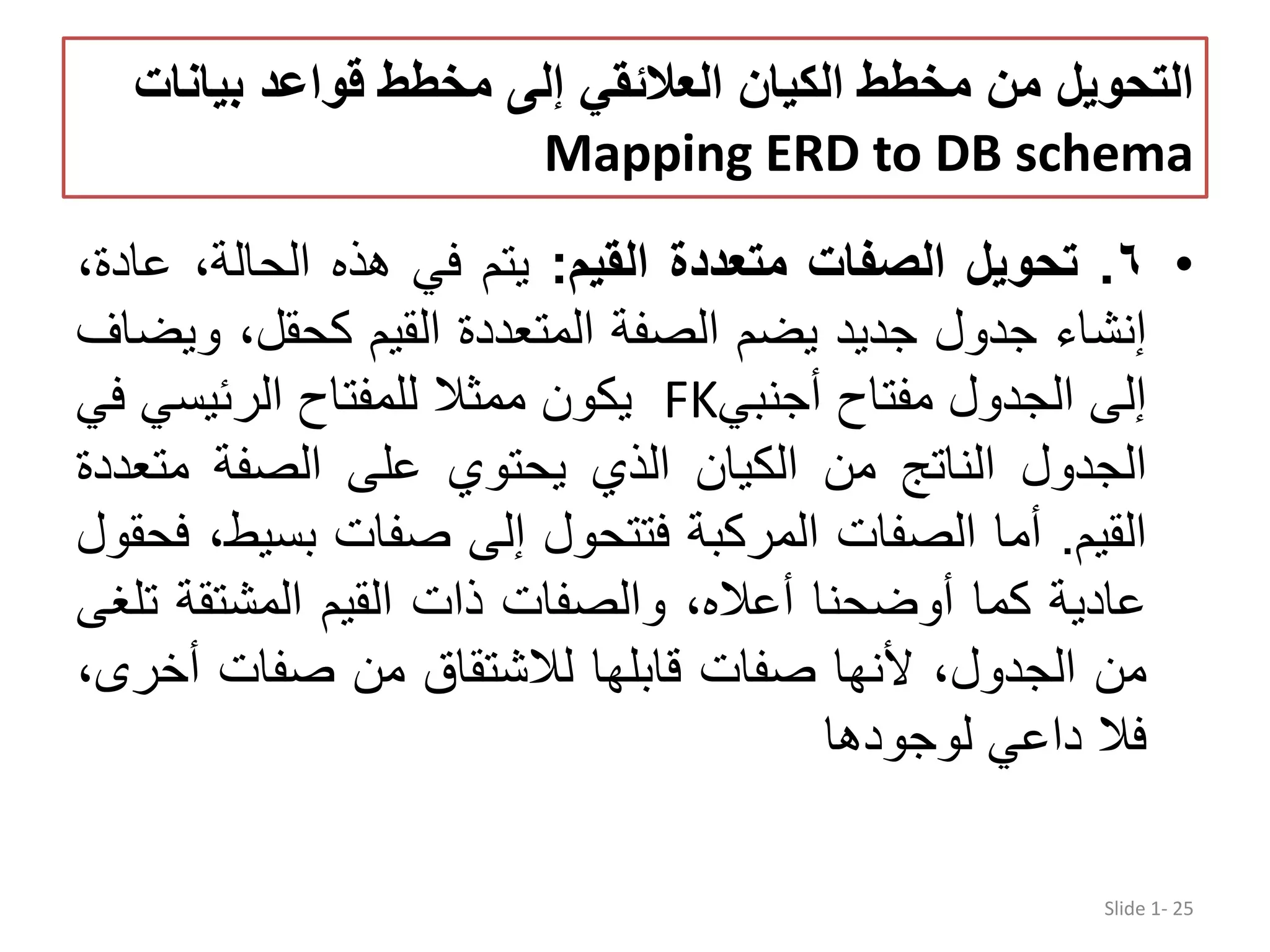 ‫بيان‬ ‫قواعد‬ ‫مخطط‬ ‫إلى‬ ‫العالئقي‬ ‫الكيان‬ ‫مخطط‬ ‫من‬ ‫التحويل‬‫ات‬ Mapping ERD to DB schema •٦.‫تحويل‬‫الصفات‬‫متعددة‬‫القيم‬:‫يتم‬‫في‬‫ھذه‬،‫الحالة‬‫ع‬،‫ادة‬ ‫إنشاء‬‫جدول‬‫جديد‬‫يضم‬‫الصفة‬‫المتعددة‬‫القيم‬،‫كحقل‬‫و‬‫يضاف‬ ‫إلى‬‫الجدول‬‫مفتاح‬‫أجنبي‬FK‫يكون‬‫ممثال‬‫للمفتاح‬‫الرئيسي‬‫في‬ ‫الجدول‬‫الناتج‬‫من‬‫الكيان‬‫الذي‬‫يحتوي‬‫على‬‫الصفة‬‫متع‬‫ددة‬ ‫القيم‬.‫أما‬‫الصفات‬‫المركبة‬‫فتتحول‬‫إلى‬‫صفات‬‫بسي‬،‫ط‬‫فحقول‬ ‫عادية‬‫كما‬‫أوضحنا‬،‫أعاله‬‫والصفات‬‫ذات‬‫القيم‬‫المشتقة‬‫ت‬‫لغى‬ ‫من‬،‫الجدول‬‫ألنھا‬‫صفات‬‫قابلھا‬‫لالشتقاق‬‫من‬‫صفات‬‫أخ‬،‫رى‬ ‫فال‬‫داعي‬‫لوجودھا‬ Slide 1- 25 