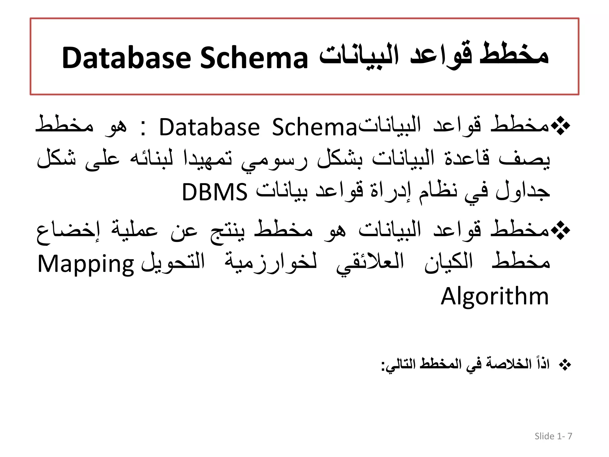 ‫البيانات‬ ‫قواعد‬ ‫مخطط‬Database Schema ‫مخطط‬‫قواعد‬‫البيانات‬Database Schema:‫ھو‬‫مخطط‬ ‫يصف‬‫قاعدة‬‫البيانات‬‫بشكل‬‫رسومي‬‫تمھيدا‬‫لبنائه‬‫ع‬‫لى‬‫شكل‬ ‫جداول‬‫في‬‫نظام‬‫إدراة‬‫قواعد‬‫بيانات‬DBMS ‫مخطط‬‫قواعد‬‫البيانات‬‫ھو‬‫مخطط‬‫ينتج‬‫عن‬‫عملية‬‫إخضاع‬ ‫مخطط‬‫الكيان‬‫العالئقي‬‫لخوارزمية‬‫التحويل‬Mapping Algorithm ‫اذا‬‫الخالصة‬‫في‬‫المخطط‬‫التالي‬: Slide 1- 7 
