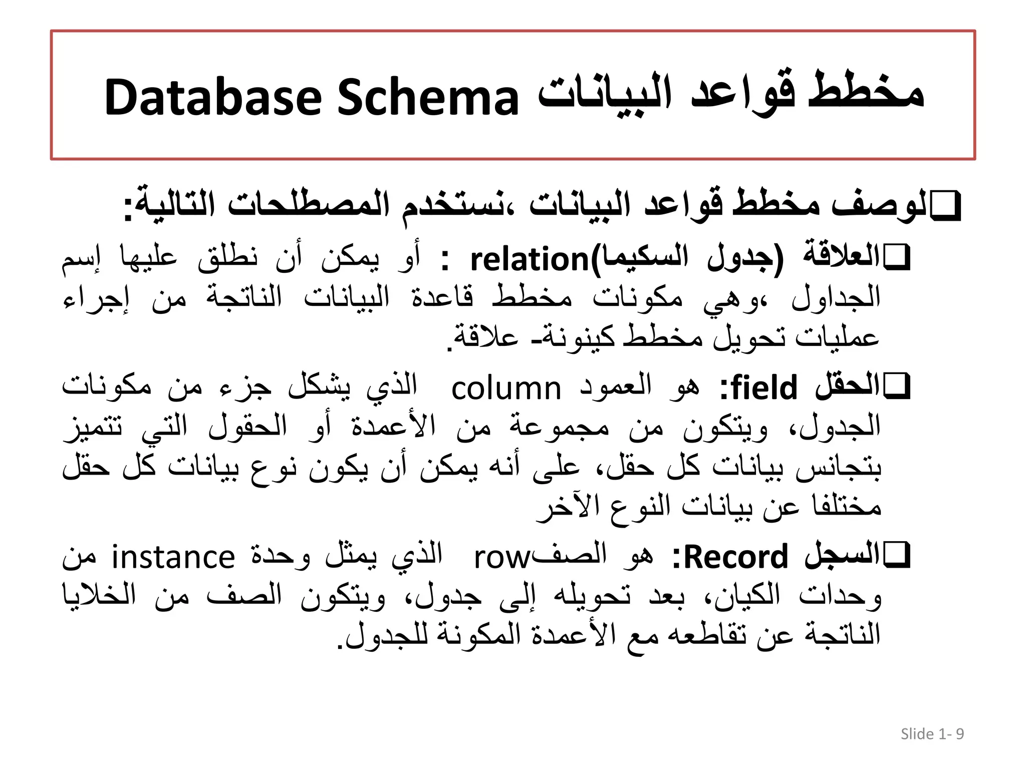 ‫البيانات‬ ‫قواعد‬ ‫مخطط‬Database Schema ‫لوصف‬‫مخطط‬‫قواعد‬‫البيانات‬‫،نستخدم‬‫المصطلحات‬‫التالي‬‫ة‬: ‫العالقة‬(‫جدول‬‫السكيما‬)relation:‫أو‬‫يمكن‬‫أن‬‫نطلق‬‫عليھا‬‫إسم‬ ‫الجداول‬‫،وھي‬‫مكونات‬‫مخطط‬‫قاعدة‬‫البيانات‬‫الناتجة‬‫من‬‫إجراء‬ ‫عمليات‬‫تحويل‬‫مخطط‬‫كينونة‬-‫عالقة‬. ‫الحقل‬field:‫ھو‬‫العمود‬column‫الذي‬‫يشكل‬‫جزء‬‫من‬‫مكونات‬ ،‫الجدول‬‫ويتكون‬‫من‬‫مجموعة‬‫من‬‫األعمدة‬‫أو‬‫الحقول‬‫التي‬‫تتميز‬ ‫بتجانس‬‫بيانات‬‫كل‬،‫حقل‬‫على‬‫أن‬‫ه‬‫يمكن‬‫أن‬‫يكون‬‫نوع‬‫بيانات‬‫ك‬‫ل‬‫حقل‬ ‫مختلفا‬‫عن‬‫بيانات‬‫النوع‬‫اآلخر‬ ‫السجل‬Record:‫ھو‬‫الصف‬row‫الذي‬‫يمثل‬‫وحدة‬instance‫من‬ ‫وحدات‬،‫الكيان‬‫بعد‬‫تحويل‬‫ه‬‫إلى‬،‫جدول‬‫ويتكون‬‫الصف‬‫من‬‫الخالي‬‫ا‬ ‫الناتجة‬‫عن‬‫تقاطع‬‫ه‬‫مع‬‫األعمدة‬‫المكونة‬‫للجدول‬. Slide 1- 9 