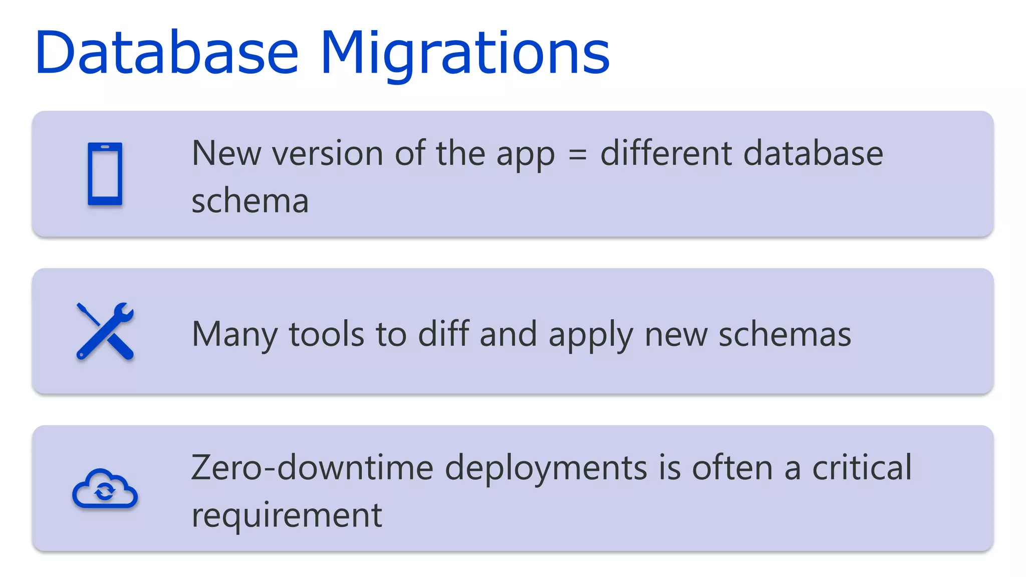 Database Migrations
New version of the app = different database
schema
Many tools to diff and apply new schemas
Zero-downtime deployments is often a critical
requirement
 