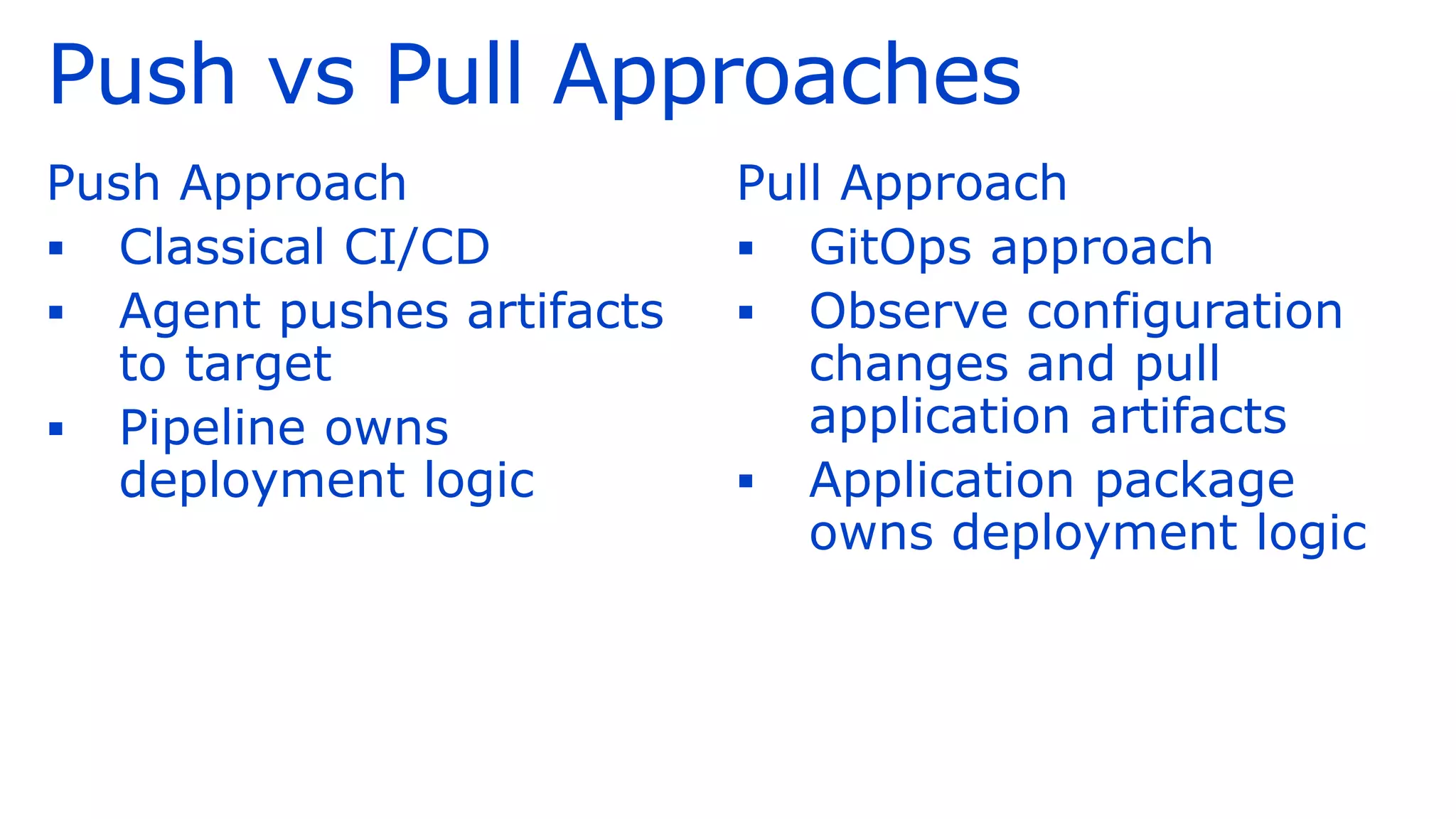 Push vs Pull Approaches
Push Approach
▪ Classical CI/CD
▪ Agent pushes artifacts
to target
▪ Pipeline owns
deployment logic
Pull Approach
▪ GitOps approach
▪ Observe configuration
changes and pull
application artifacts
▪ Application package
owns deployment logic
 