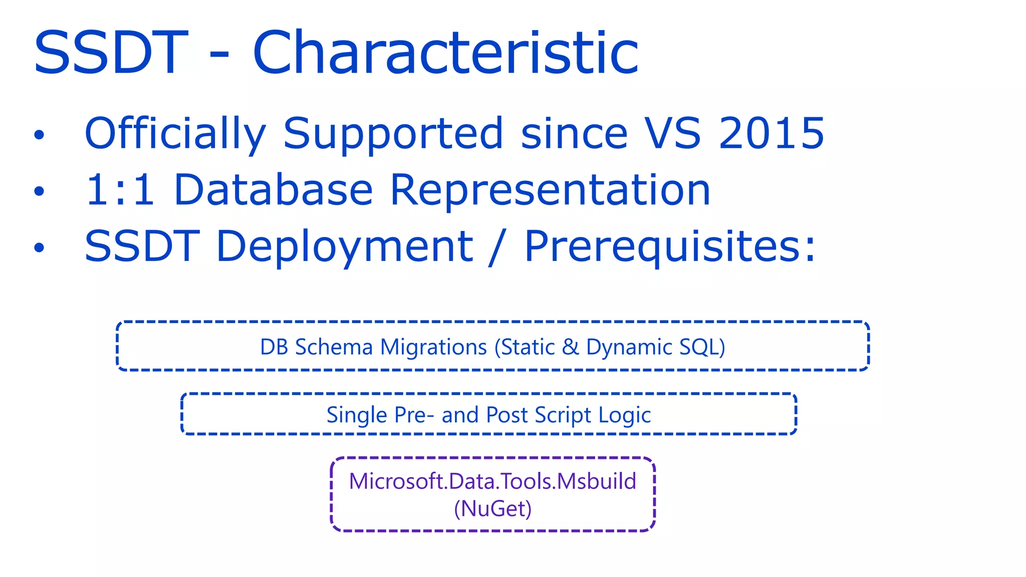 • Officially Supported since VS 2015
• 1:1 Database Representation
• SSDT Deployment / Prerequisites:
SSDT - Characteristic
DB Schema Migrations (Static & Dynamic SQL)
Single Pre- and Post Script Logic
Microsoft.Data.Tools.Msbuild
(NuGet)
 