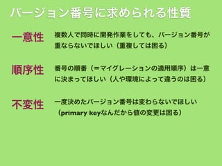 バージョン番号に求められる性質
一意性

複数人で同時に開発作業をしても、バージョン番号が

順序性

番号の順番（＝マイグレーションの適用順序）は一意

重ならないでほしい（重複しては困る）

に決まってほしい（人や環境によって違うのは困る）

不変性

一度決めたバージョン番号は変わらないでほしい
（primary keyなんだから値の変更は困る）

 