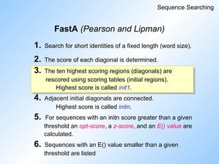 FastA (Pearson and Lipman)
Sequence Searching
1. Search for short identities of a fixed length (word size).
2. The score of each diagonal is determined.
3. The ten highest scoring regions (diagonals) are
rescored using scoring tables (initial regions).
Highest score is called init1.
4. Adjacent initial diagonals are connected.
Highest score is called initn.
5. For sequences with an initn score greater than a given
threshold an opt-score, a z-score, and an E() value are
calculated.
6. Sequences with an E() value smaller than a given
threshold are listed
 