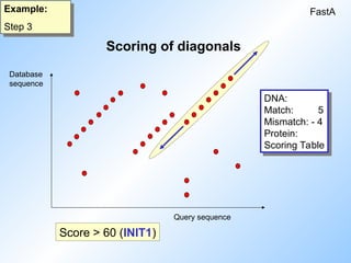 FastA
Example:
Step 3
Score > 60 (INIT1)
Scoring of diagonals
DNA:
Match: 5
Mismatch: - 4
Protein:
Scoring Table
Database
sequence
Query sequence
 