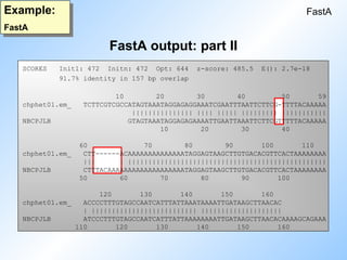 FastA output: part II
FastA
Example:
FastA
SCORES Init1: 472 Initn: 472 Opt: 644 z-score: 485.5 E(): 2.7e-18
91.7% identity in 157 bp overlap
10 20 30 40 50 59
chphet01.em_ TCTTCGTCGCCATAGTAAATAGGAGAGGAAATCGAATTTAATTCTTCG-TTTTACAAAAA
||||||||||||||| |||| ||||| ||||||||| |||||||||||
NBCPJLB GTAGTAAATAGGAGAGAAAATTGAATTAAATTCTTCGTTTTTACAAAAA
10 20 30 40
60 70 80 90 100 110
chphet01.em_ CTT------ACAAAAAAAAAAAAAATAGGAGTAAGCTTGTGACACGTTCACTAAAAAAAA
||| | |||||||||||||||||||||||||||||||||||||||||||||||||
NBCPJLB CTTTACAAAAAAAAAAAAAAAAAAATAGGAGTAAGCTTGTGACACGTTCACTAAAAAAAA
50 60 70 80 90 100
120 130 140 150 160
chphet01.em_ ACCCCTTTGTAGCCAATCATTTATTAAATAAAATTGATAAGCTTAACAC
| |||||||||||||||||||||||||| ||||||||||||||||||||
NBCPJLB ATCCCTTTGTAGCCAATCATTTATTAAAAAAAATTGATAAGCTTAACACAAAAGCAGAAA
110 120 130 140 150 160
 