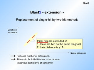 Blast2 - extension -
Reduces number of extensions.
Threshold for initial hits has to be reduced
to achieve same level of sensitivity.
Blast
Database
sequence
Query sequence
Initial hits are extended, if
1. there are two on the same diagonal.
2. their distance is < A.
Replacement of single-hit by two-hit method:
 