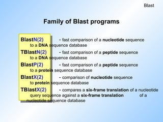 Family of Blast programs
BlastN(2) - fast comparison of a nucleotide sequence
to a DNA sequence database
TBlastN(2) - fast comparison of a peptide sequence
to a DNA sequence database
BlastP(2) - fast comparison of a peptide sequence
to a protein sequence database
BlastX(2) - comparison of nucleotide sequence
to protein sequence database
TBlastX(2) - compares a six-frame translation of a nucleotide
query sequence against a six-frame translation of a
nucleotide sequence database
Blast
 