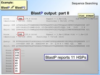 BlastP output: part II
Example:
BlastP BlastP2
Sequence Searching
25A6_HUMAN
BlastP reports 11 HSPs
Score = 386 (178.8 bits) Expect = 1.8e-118, Sum P(4) = 1.8e-118
Identities = 68/121 (56%) Positives = 94/121 (77%)
Query: 228 LPPQYALELLTVYAWERGNGITEFNTAQGFRTILELVTKYQQLRIYWTKYYDFQHPDVSK 287
LPP+YALELLT+YAWE+G+G+ +F+TA+GFRT+LELVT+YQQL I+W Y+F+ V K
Sbjct: 562 LPPKYALELLTIYAWEQGSGVPDFDTAEGFRTVLELVTQYQQLGIFWKVNYNFEDETVRK 621
...
Score = 260 (120.4 bits) Expect = 1.8e-118Sum P(4) = 1.8e-118
Identities = 54/118 (45%) Positives = 73/118 (61%)
Query: 58 KVVKGGSSGKGTTLKGKSDADLVVFLNNFTSFEDQLNRRGEFIKEIKKQLYEVQREKHFR 117
++V+GGS+ KGT LK SDADLVVF N+ S+ Q N R + +KEI +QL REK
Sbjct: 389 QIVRGGSTAKGTALKTGSDADLVVFHNSLKSYTSQKNERHKIVKEIHEQLKAFWREKEEE 448
Score = 222 ...
Score = 174 ...
Score = 142 ...
Score = 121
Score = 98
Score = 69
Score = 47
Score = 35
Score = 35 ...
 