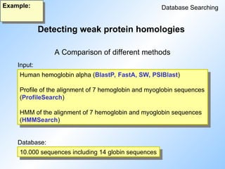 Detecting weak protein homologies
Database Searching
Example:
A Comparison of different methods
Human hemoglobin alpha (BlastP, FastA, SW, PSIBlast)
Profile of the alignment of 7 hemoglobin and myoglobin sequences
(ProfileSearch)
HMM of the alignment of 7 hemoglobin and myoglobin sequences
(HMMSearch)
Input:
Database:
10.000 sequences including 14 globin sequences
 