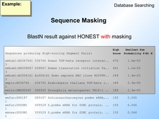 Sequence Masking
Database Searching
Example:
High Smallest Sum
Sequences producing High-scoring Segment Pairs: Score Probability P(N) N
emhum1:HS367641 U36764 Human TGF-beta receptor interac.. 470 1.6e-53
3
emhum2:HSU39067 U39067 Human translation initiation fa.. 461 1.1e-52
3
emhum1:AC004161 Ac004161 Homo sapiens BAC clone RG208K.. 249 1.4e-23
3
empln:AT36765 U36765 Arabidopsis thaliana TGF-beta r.. 189 2.3e-05
1
eminv:DMU90930 U90930 Drosophila melanogaster TRIP-1 .. 189 2.3e-05
1
emfun:SPD187 D89187 Schizosaccharomyces pombe mRNA,.. 150 0.045
1
emfun:SPSUM1 Y09529 S.pombe mRNA for SUM1 protein. .. 150 0.046
1
emnew:SPSUM1 Y09529 S.pombe mRNA for SUM1 protein. .. 150 0.046
1
BlastN result against HONEST with masking
 