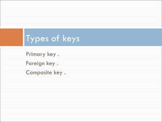 Primary key . Foreign key . Composite key .  Types of keys  