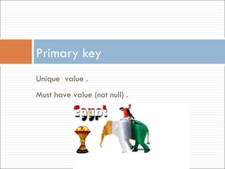 Primary key Unique  value . Must have value (not null) . 