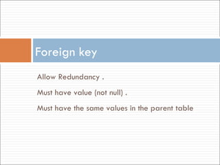 Foreign key Allow Redundancy . Must have value (not null) . Must have the same values in the parent table  