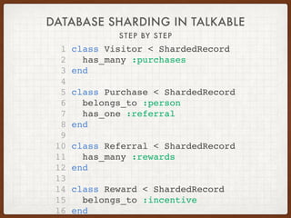 DATABASE SHARDING IN TALKABLE
STEP BY STEP
1 class Visitor < ShardedRecord
2 has_many :purchases
3 end
4
5 class Purchase < ShardedRecord
6 belongs_to :person
7 has_one :referral
8 end
9
10 class Referral < ShardedRecord
11 has_many :rewards
12 end
13
14 class Reward < ShardedRecord
15 belongs_to :incentive
16 end
 