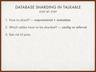 DATABASE SHARDING IN TALKABLE
STEP BY STEP
1. How to shard? — expressional + metadata
2. Which tables have to be sharded? — config vs referral
3. Get rid of joins
 
