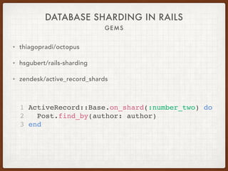 DATABASE SHARDING IN RAILS
GEMS
• thiagopradi/octopus
• hsgubert/rails-sharding
• zendesk/active_record_shards
1 ActiveRec...