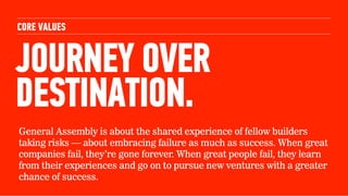 CORE VALUES


JOURNEY OVER
DESTINATION.
General Assembly is about the shared experience of fellow builders
taking risks — ...