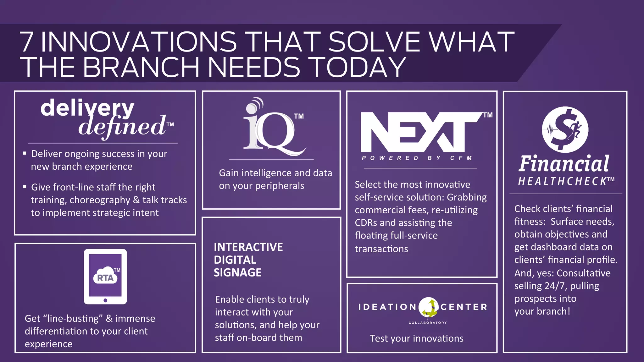 Test  your  innova.ons    
Enable  clients  to  truly  
interact  with  your  
solu.ons,  and  help  your  
staﬀ  on-­‐board  them  
INTERACTIVE  
DIGITAL  
SIGNAGE  
Get  “line-­‐bus.ng”  &  immense  
diﬀeren.a.on  to  your  client  
experience  
TM
Gain  intelligence  and  data  
on  your  peripherals    
TM
Check  clients’  ﬁnancial  
ﬁtness:    Surface  needs,  
obtain  objec.ves  and  
get  dashboard  data  on  
clients’  ﬁnancial  proﬁle.  
And,  yes:  Consulta.ve  
selling  24/7,  pulling  
prospects  into    
your  branch!  
TM
!  Deliver  ongoing  success  in  your  
new  branch  experience  
!  Give  front-­‐line  staﬀ  the  right  
training,  choreography  &  talk  tracks  
to  implement  strategic  intent  
TM
Select  the  most  innova.ve  
self-­‐service  solu.on:  Grabbing  
commercial  fees,  re-­‐u.lizing  
CDRs  and  assis.ng  the  
ﬂoa.ng  full-­‐service  
transac.ons    
TM
7 INNOVATIONS THAT SOLVE WHAT
THE BRANCH NEEDS TODAY
 