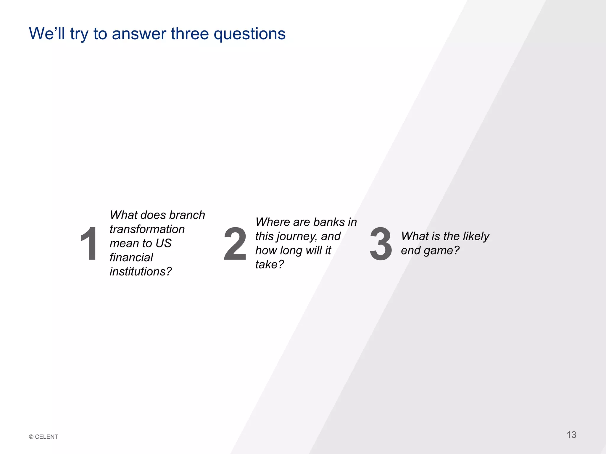 1313© CELENT
We’ll try to answer three questions
1
What does branch
transformation
mean to US
financial
institutions?
2
Where are banks in
this journey, and
how long will it
take?
3 What is the likely
end game?
 