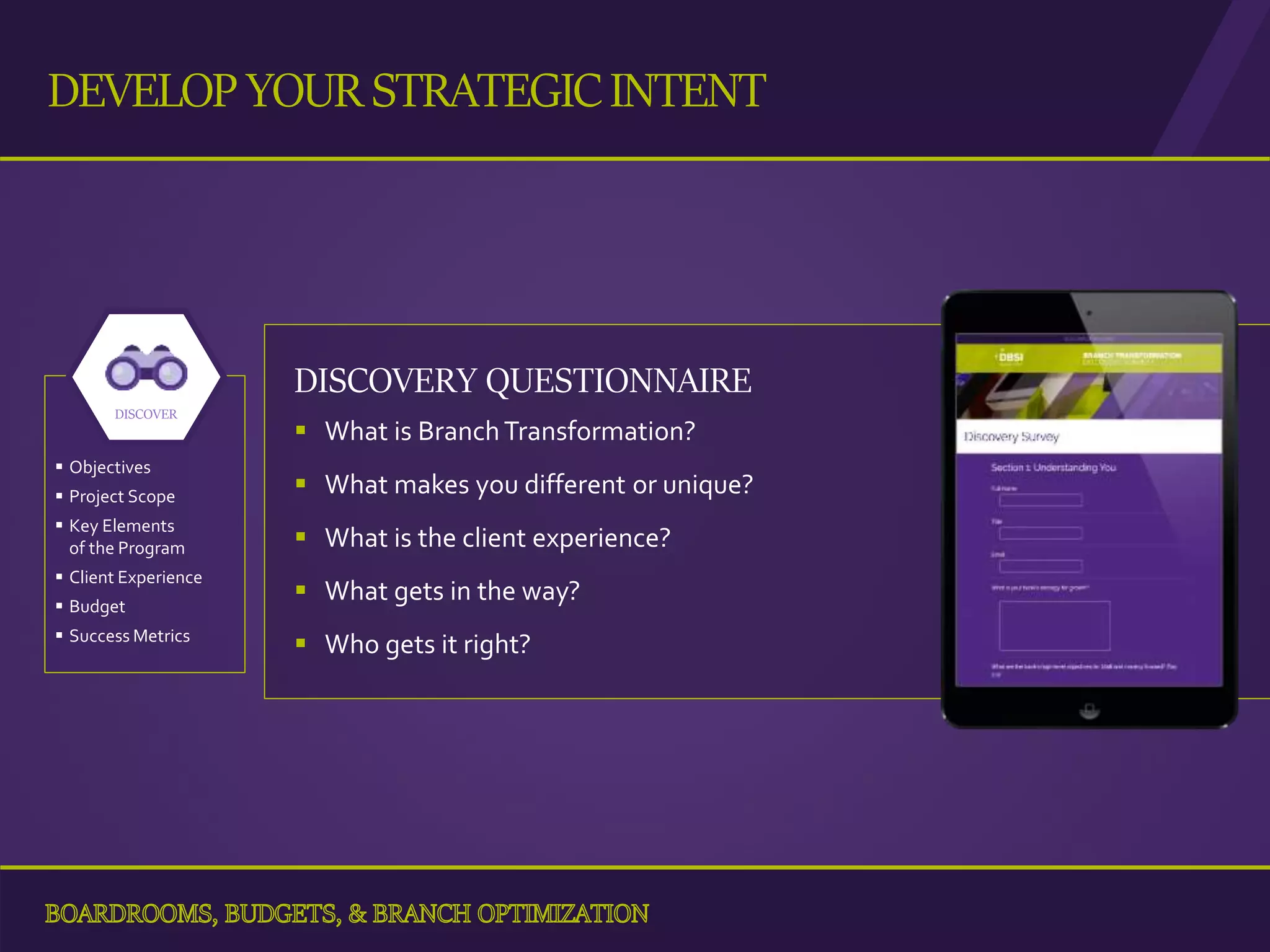 DISCOVERY QUESTIONNAIRE
 What is BranchTransformation?
 What makes you different or unique?
 What is the client experience?
 What gets in the way?
 Who gets it right?
 Objectives
 Project Scope
 Key Elements
of the Program
 Client Experience
 Budget
 Success Metrics
DISCOVER
27
DEVELOPYOUR STRATEGICINTENT
 
