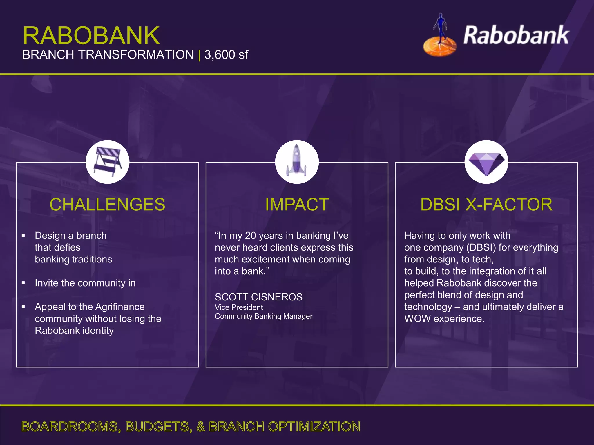 CHALLENGES
 Design a branch
that defies
banking traditions
 Invite the community in
 Appeal to the Agrifinance
community without losing the
Rabobank identity
IMPACT
“In my 20 years in banking I’ve
never heard clients express this
much excitement when coming
into a bank.”
SCOTT CISNEROS
Vice President
Community Banking Manager
DBSI X-FACTOR
Having to only work with
one company (DBSI) for everything
from design, to tech,
to build, to the integration of it all
helped Rabobank discover the
perfect blend of design and
technology – and ultimately deliver a
WOW experience.
RABOBANK
BRANCH TRANSFORMATION | 3,600 sf
 