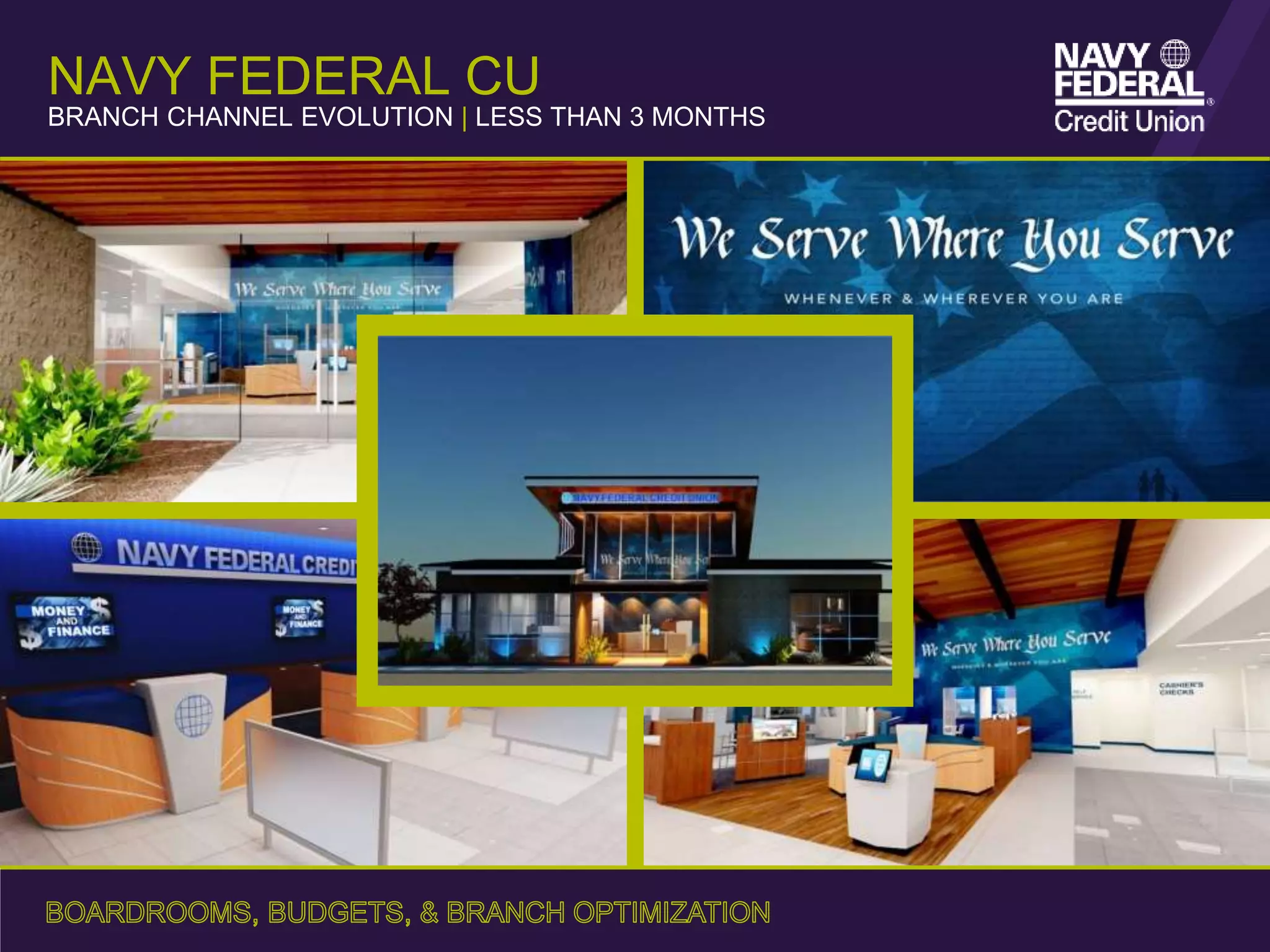NAVY FEDERAL CU
BRANCH CHANNEL EVOLUTION | LESS THAN 3 MONTHS
 