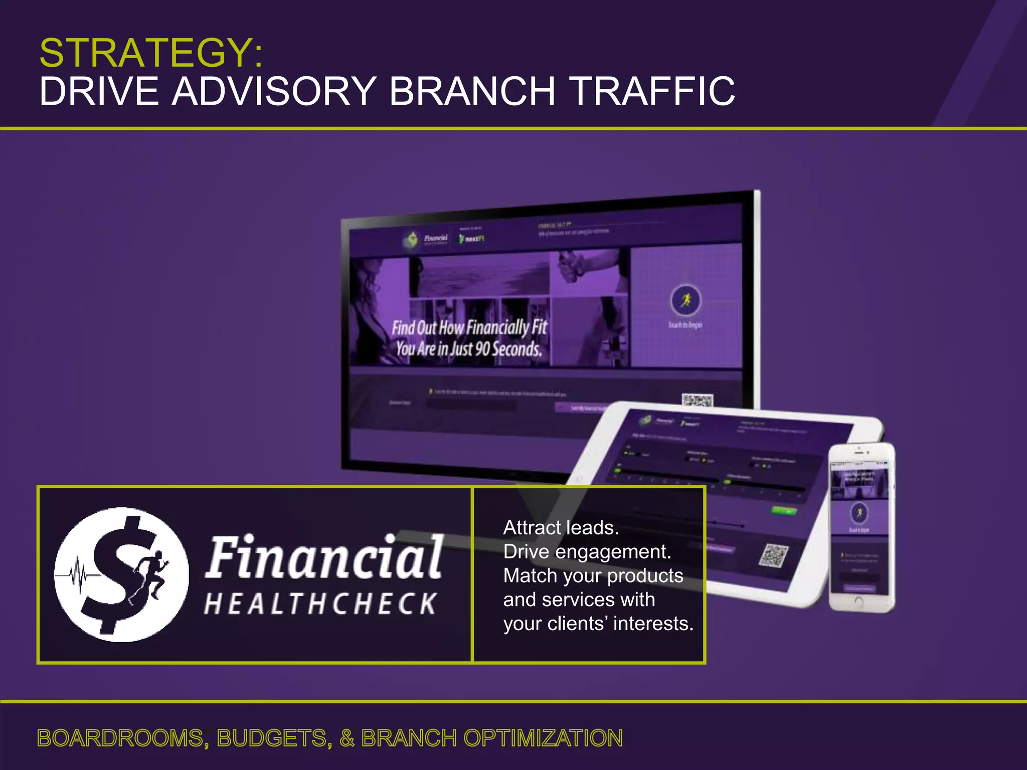 Attract leads.
Drive engagement.
Match your products
and services with
your clients’ interests.
STRATEGY:
DRIVE ADVISORY BRANCH TRAFFIC
 