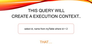 THIS QUERY WILL
CREATE A EXECUTION CONTEXT..
select id, name from myTable where id = 2
THAT…
 