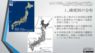 1.緯度別の分布
パレオアジア文化史学 - アジア新人文化形成プロセスの総合的研究 -
文部科学省 科学研究費補助金 新学術領域研究（研究領域提案型）平成28～32年度
A01班研究集会「日本列島における新人文化の形成過程」
遺跡分布：JPRA-DB
背景地図：国土地理院5mメッシュにもと
づくカシミール3Dスーパー地形で作成
35°N
40°N
45°N
小野・五十嵐1991『北海道の自然史』
南北に長く伸びる日本列島は亜熱
帯から亜寒帯までの幅広い気候区
分帯に所属している
遺跡の位置情報における緯度は気
候区分帯の代理示標となる
日本列島全体での緯度別の遺跡分
布の動向は、気候への適応を反映
していると考えられる
A.Noguchi
 