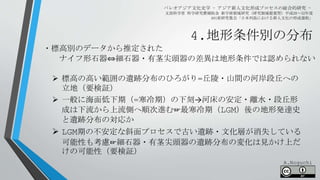 4.地形条件別の分布
パレオアジア文化史学 - アジア新人文化形成プロセスの総合的研究 -
文部科学省 科学研究費補助金 新学術領域研究（研究領域提案型）平成28～32年度
A01班研究集会「日本列島における新人文化の形成過程」
 標高の高い範囲の遺跡分布のひろがり=丘陵・山間の河岸段丘への
立地（要検証）
 一般に海面低下期（=寒冷期）の下刻→河床の安定・離水・段丘形
成は下流から上流側へ順次進む☞最寒冷期（LGM）後の地形発達史
と遺跡分布の対応か
 LGM期の不安定な斜面プロセスで古い遺跡・文化層が消失している
可能性も考慮☞細石器・有茎尖頭器の遺跡分布の変化は見かけ上だ
けの可能性（要検証）
・標高別のデータから推定された
ナイフ形石器⇔細石器・有茎尖頭器の差異は地形条件では認められない
A.Noguchi
 