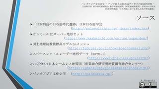 ソース
パレオアジア文化史学 - アジア新人文化形成プロセスの総合的研究 -
文部科学省 科学研究費補助金 新学術領域研究（研究領域提案型）平成28～32年度
A01班研究集会「日本列島における新人文化の形成過程」
「日本列島の旧石器時代遺跡」日本旧石器学会
（http://palaeolithic.jp/ data/index.htm）
カシミール3Dスーパー地形セット
（http://www.kashmir3d.com/online/superdem/）
国土地理院数値標高モデル5mメッシュ
（http://fgd.gsi.go.jp/download/demsel.php）
スペースシャトルレーダー地形データ（SRTM-1）
（http://www2.jpl.nasa.gov/srtm/）
20万分の1日本シームレス地質図（産業総合研究所地質調査総合センター）
（https://gbank.gsj.jp/seamless/index.html）
パレオアジア文化史学 （http://paleoasia.jp/）
A.Noguchi
 